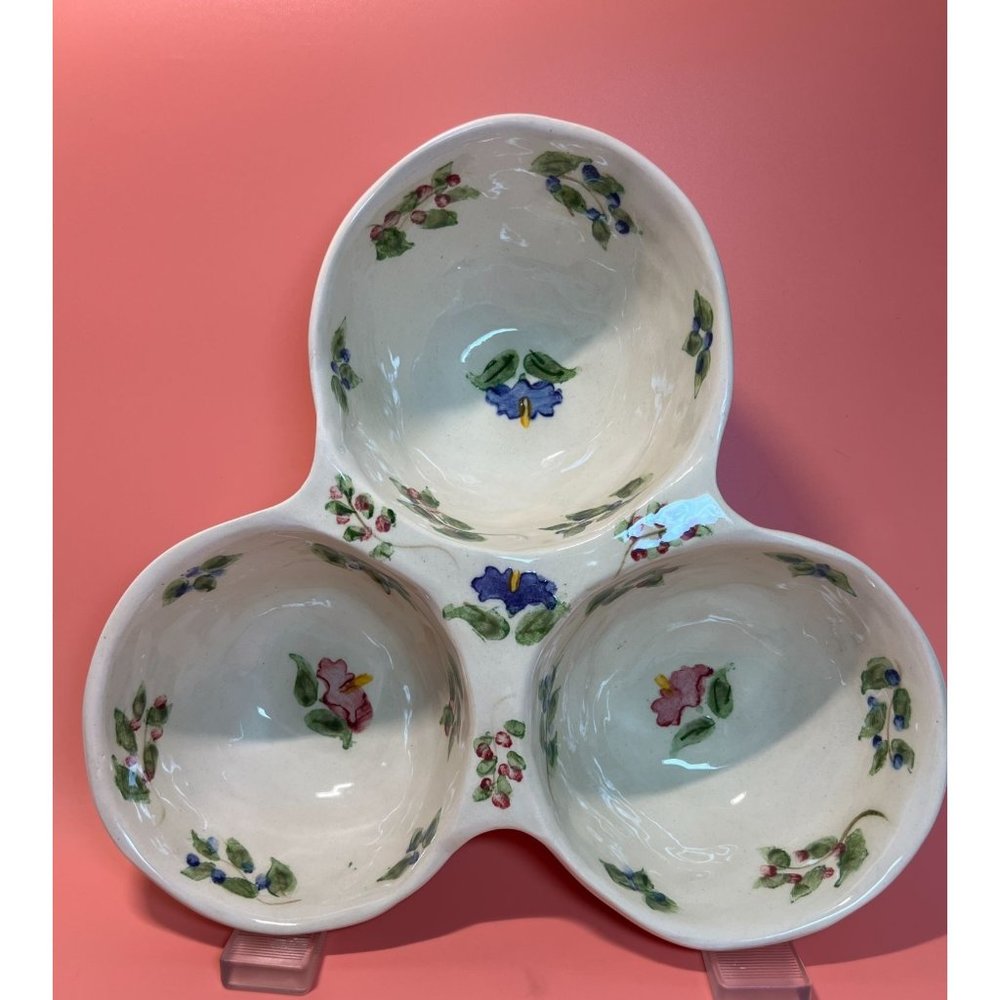Hand & Heart Handmade Ceramic Condiments Dish Painted Floral Entertaining 3 Bowl